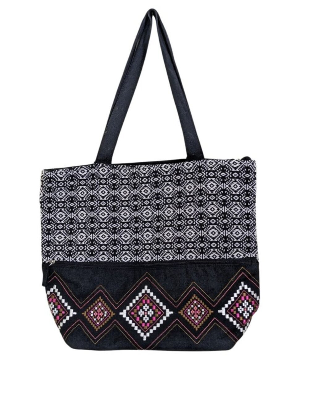 Cargo Cotton Tote Aztec Geometric Embroidery Boho Lined Zip Closure Pockets